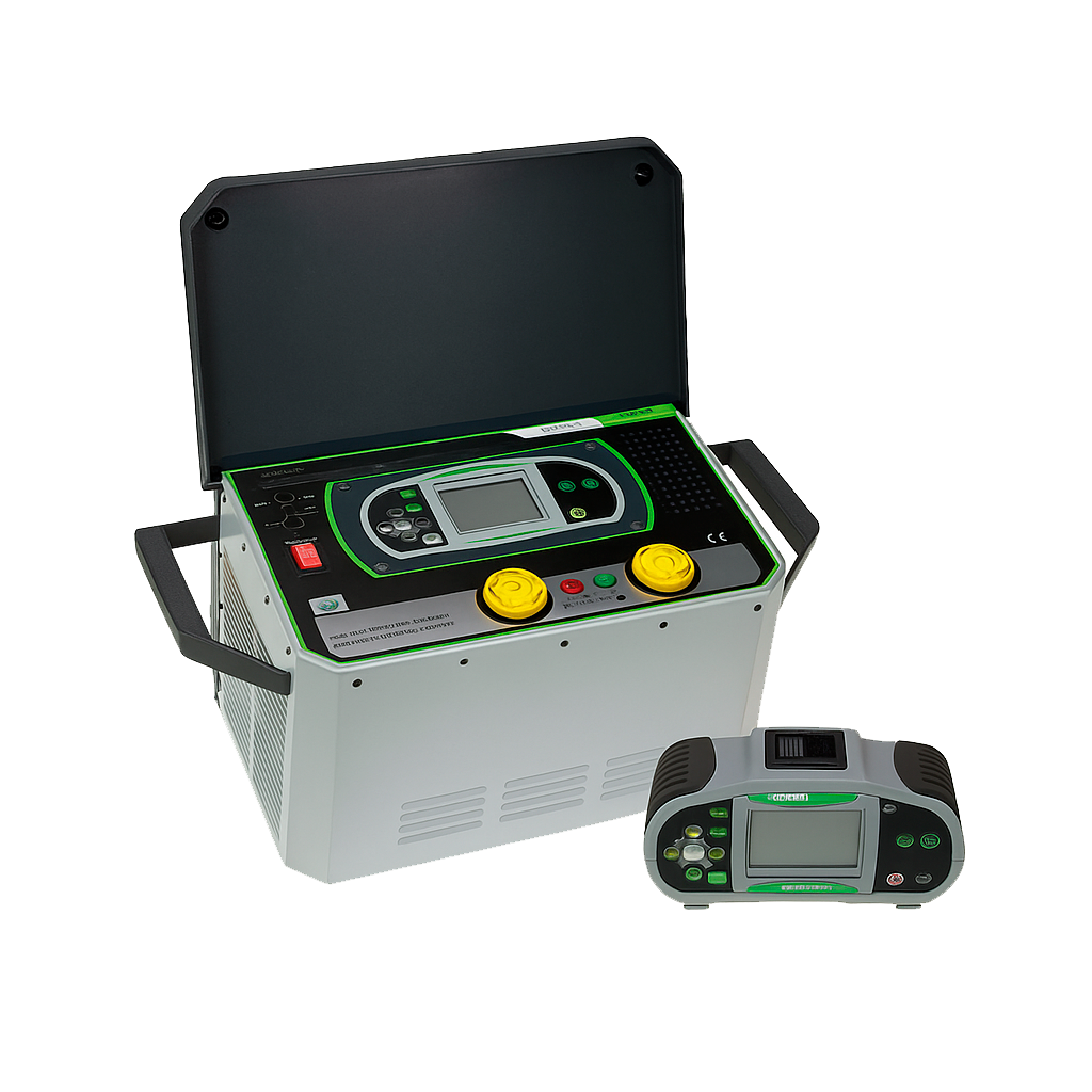 Técnico usando telurómetro para medir resistividad del terreno.